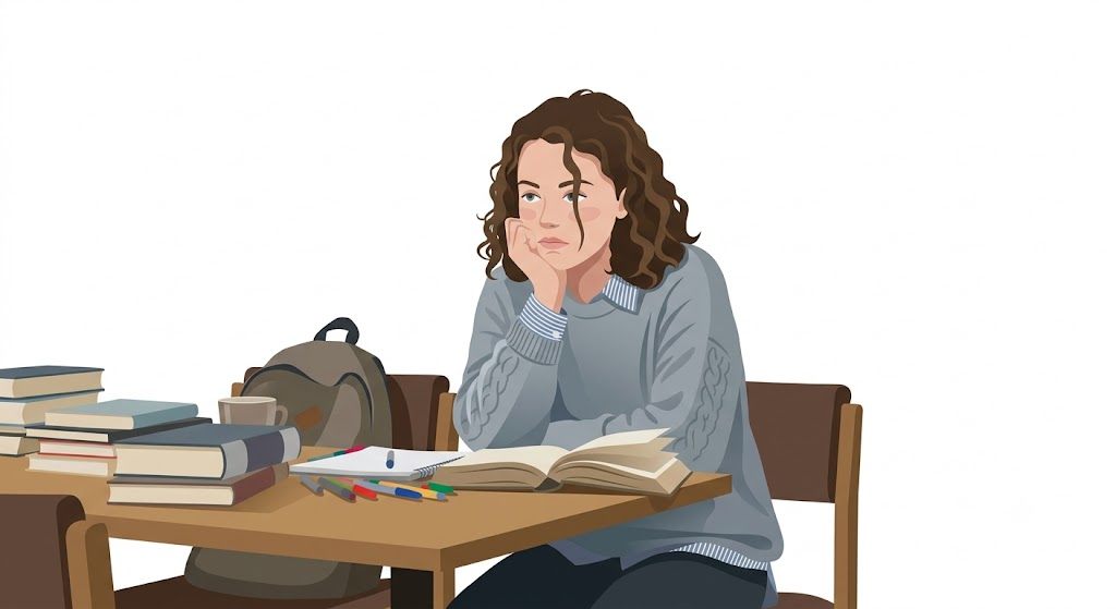 Meisje met ADHD zit dromerig aan een bureau met boeken, schriften en schooltas