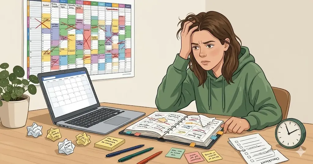 Gestrest meisje met ADHD aan een bureau vol met planners, kalenders en een laptop