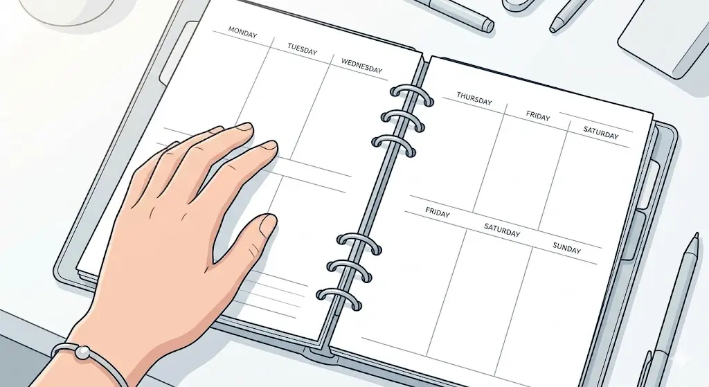 Een hand rust op een open agenda planner die klaar is om gestructureerd te worden