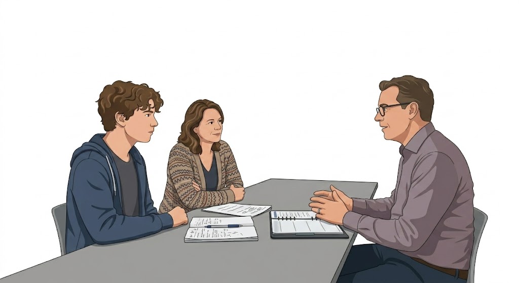 Docent in gesprek met ouder en kind over school en de brugklas