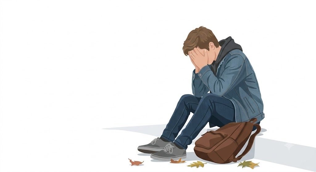 Tiener met faalangst en schoolstress zit met handen voor het gezicht naast een schooltas