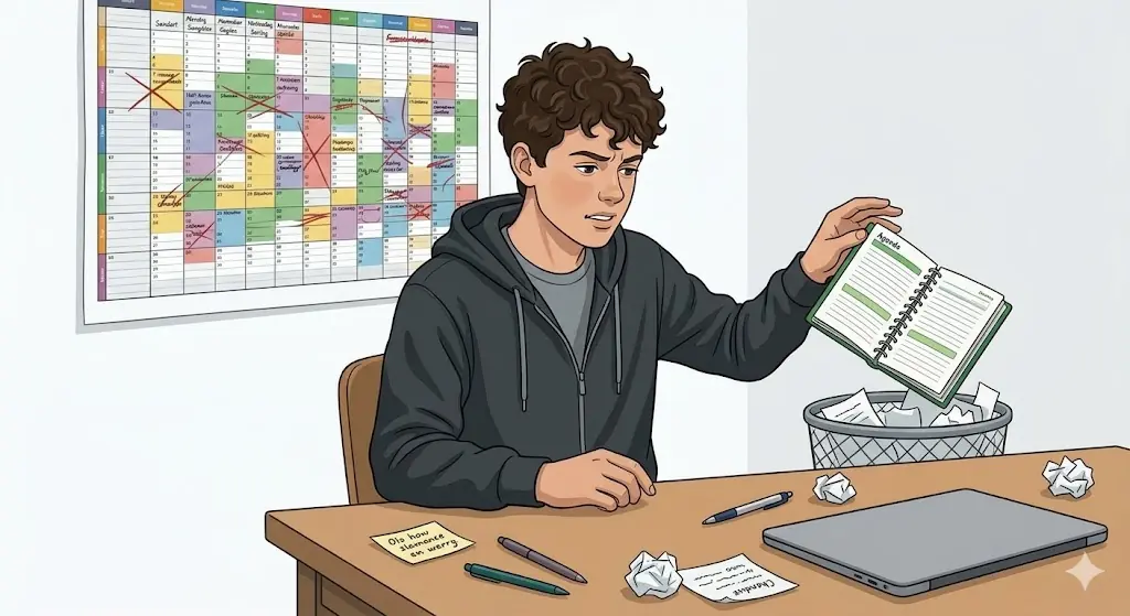 Gefrustreerde tiener die zijn agenda in de prullenbak wil gooien bij een bureau met laptop en kalender