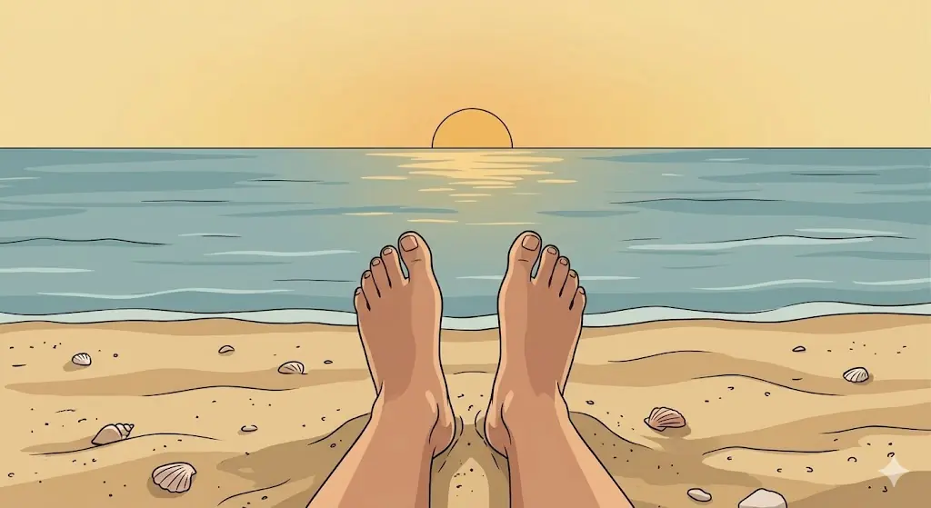 Uitzicht op voeten op een zandstrand bij zonsondergang aan zee