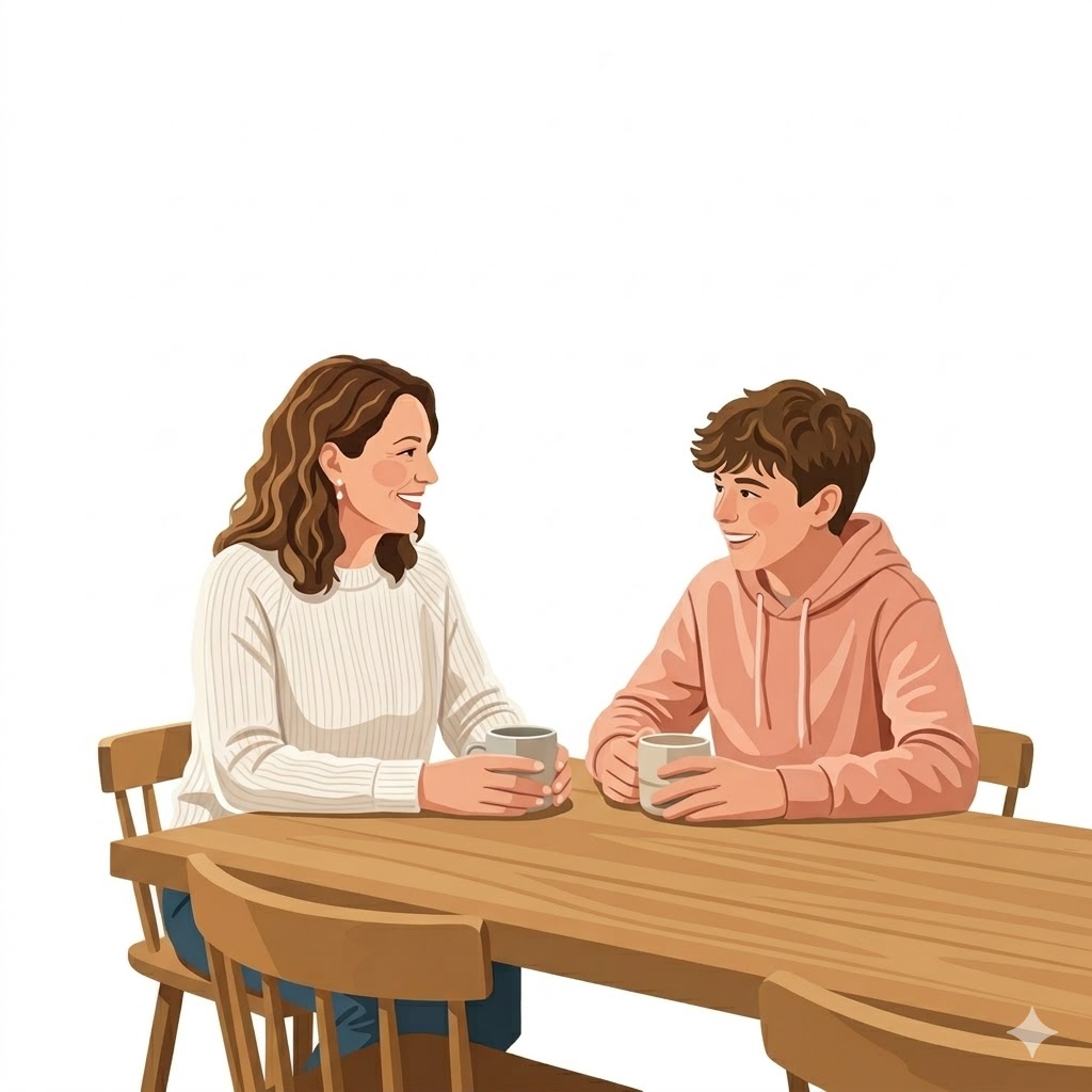 Moeder en zoon hebben een positief gesprek aan de keukentafel